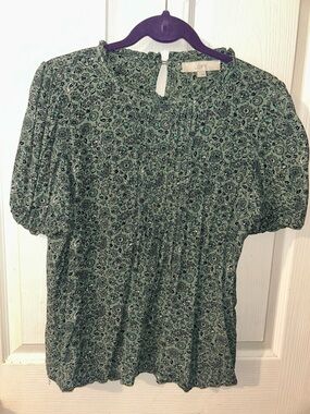 LOFT Green Floral Puff-Sleeve Smocked Blouse